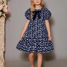 Cherry Crumble Girls Floral Printed Bow Puff Sleeve Cotton A-Line Dress-image-15