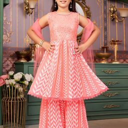 BAESD Girls Geometric Printed Round Neck Sequinned Anarkali Kurta With Sharara & Dupatta-picture-32