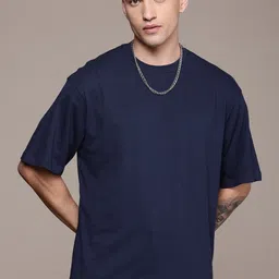 Mast & Harbour Navy Blue Drop-Shoulder Sleeves Anti Odour Pure Cotton Oversized Tshirt-image-104