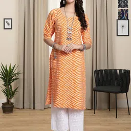 HERE&NOW Selection Of 3 Leheriya Printed Round Neck Straight Kurtas-image-60