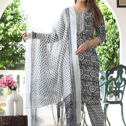 RI AND SU Floral Printed V-Neck Sequinned Pure Cotton Kurta With Salwar And Dupatta-picture-20
