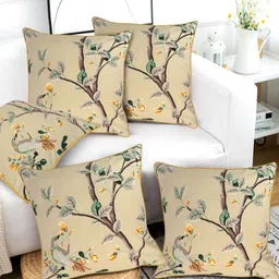 KANUSHI INDUSTRIES Beige & Brown Set of 5 Floral Square Cushion Covers-image-63