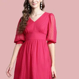 Deewa Women Self Design Puff Sleeve Fit & Flare Dress-image-70