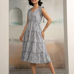 AASK Women Sky Blue Printed Delta Crepe Fit and Flare Calf Length Dress-picture-10