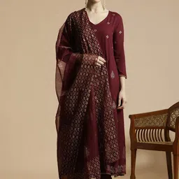 Anouk Maroon Floral Printed V-Neck Anarkali Kurta with Trousers & Dupatta-32