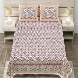 Aapno Rajasthan White & Green Geometric 144 TC King Bedsheet with 2 Pillow Covers-image-65