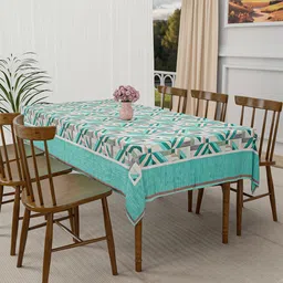 Kuber Industries Green & White Geometric Printed Anti-Skid Velvet 6-Seater Table Cover-7
