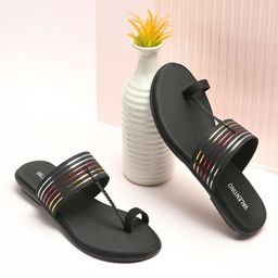 Valentino Women Striped One Toe Flats with Ethnic - Embellished-image-41