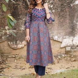 Jaitpuriya Floral Printed Notch-Neck Pure Cotton A-Line Kurta With Pants-image-62