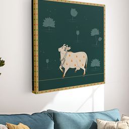 Myntra Elegant Homes Green & Beige Pichwai Cow Canvas Wall Art-picture-44