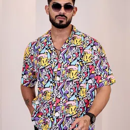 Eszett Men Abstract Printed Cuban Collar Casual Shirt-image-42