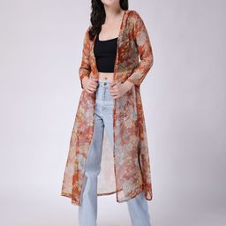 Cation Floral Printed Open Front Longline Shrug-50