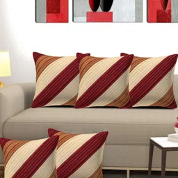 Creeva Red & Off White 5 Pieces Striped Silk Square Cushion Covers-image-34