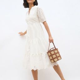 Styli Women Schiffli Embroidered Tiered Puff Sleeves Cotton Shirt Midi Dress-image-101