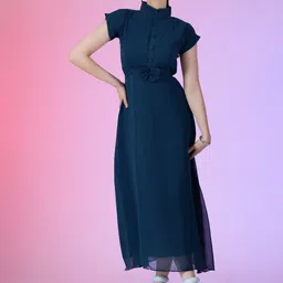 Raiyani Fashion Solid Mandarin Collar Bow Detailed A-Line Midi Dress-picture-10