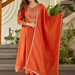 Navlik Women Embroidered Regular Thread Work Kurta with Trousers & With Dupatta-image-93