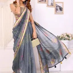 KALINI Grey Printed Cotton Blend Chanderi Sarees-picture-38