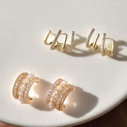 KRENOZ Set Of 2 Gold-Plated Crystals Studded Spiral Contemporary Studs-40