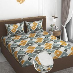 Myntra Elegant Homes Grey & Mustard Printed 300TC Fitted King Bedsheet Set 1.98m x 1.82m-16