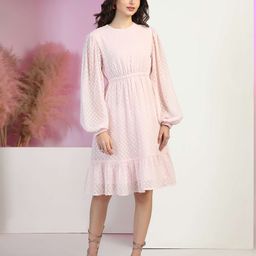 FLY STITCH Puff Sleeve Ruffled Georgette A-Line Midi Dress-picture-44