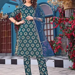 Siya Fashion Floral Woven Design V-Neck Straight Kurta With Trousers & Dupatta-image-15