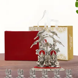 INTERNATIONAL GIFT Silver-Toned 9 Pcs Laxmi Ganesh Showpiece With Diya Religious Gift Set-55