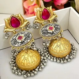 Zeviel Gold-Plated Stones Studded & Ghungroo Beaded Oxidised Dome Shaped Jhumkas-picture-10