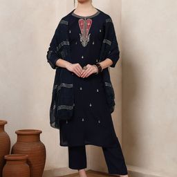 KALINI Floral Embroidered Sequinned Round Neck Straight Kurta With Trousers & Dupatta-image-24