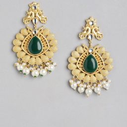 Anouk Gold-Plated Artificial Stones Studded And Beaded Teardrop Shaped Drop Earrings image 4