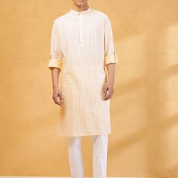 Fabindia Geometric Block Printed Band Collar Roll-Up Sleeves Cotton Straight Kurta-picture-36