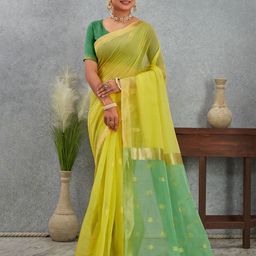 KALINI Geometric Woven Design Zari Chanderi Cotton Saree With Unstitched Blouse Piece-image-39