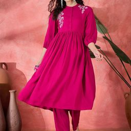 Sangria Floral Embroidered Band Collar Anarkali Kurta With Trousers-image-30