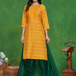 Sangria Ethnic Motifs Woven Design Straight Kurta With Dhoti Pants & Dupatta-picture-4