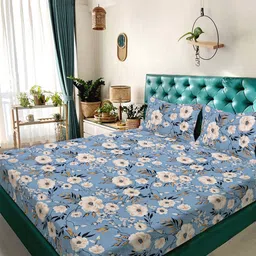 KLOTTHE Blue & Beige Floral Printed 300 TC Double Bedsheet Set-2.50 m x 2.25 m-image-29