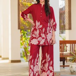 JISORA Women's Red Printed Cotton Co-ord Set-picture-8