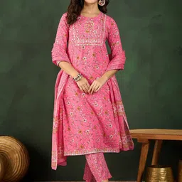 Vastramyaa Women Floral Printed Thread Work Pure Cotton Kurta Trousers With Dupatta-43