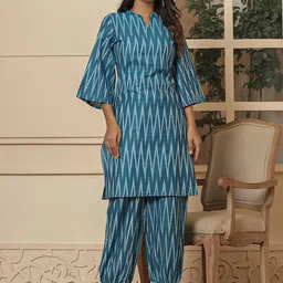 BAESD Ikat Printed Mandarin Collar Pure Cotton Top With Trousers Co-Ords-picture-24