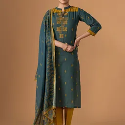 WOMEN PLUS Women Ethnic Motifs Embroidered Cotton Kurta with Trousers & Dupatta-33