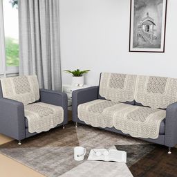 Aura Cream Ethnic Motifs Printed 3 Seater Cotton Sofa Cover-image-31