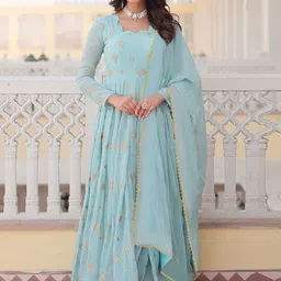 Moda Rapido Embroidered Floral Square Neck Georgette A Line Ethnic Dress-14