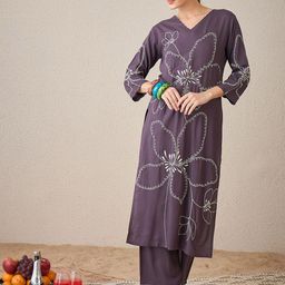 Indo Era Grey Embroidered Straight Co-OrdsSet-image-18