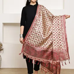 LOOM LEGACY Women Ethnic Motifs Printed Zari Dupatta with Tasselled-13