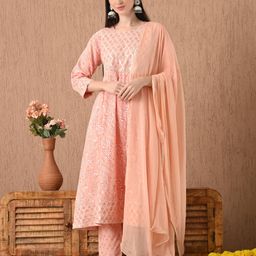 Bhoolft Floral Printed Round Neck Panelled A-Line Kurta With Trousers & Dupatta-image-76