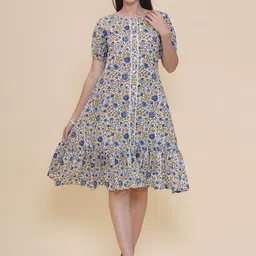 Modish Couture Floral Printed Pure Cotton Puff Sleeve A-Line Dress-image-6