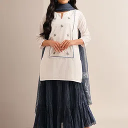 JAYPORE Ethnic Motifs Embroidered Notch Neck Regular Pure Cotton Straight Kurti-image-36