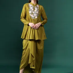 AAKAAR Embroidered High Neck Tunic & Skirt Green Co-Ords-picture-57