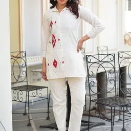DISHWA FASHION Embroidered Pure Cotton Shirt Collar Shirt With Trousers Co-Ords-picture-41