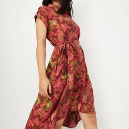 max Women Floral Print Shirt Collar Fit and Flare Midi Dress-image-86