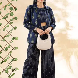 Anouk Blue Ethnic Motifs Printed Pure Cotton Top And Jacket With Palazzo-4