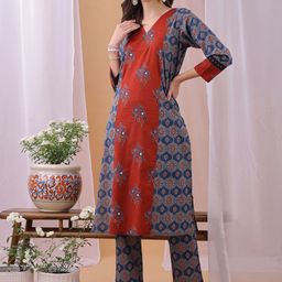 Saanjh Women Ethnic Motifs Printed Cotton Kurta with Trousers-25